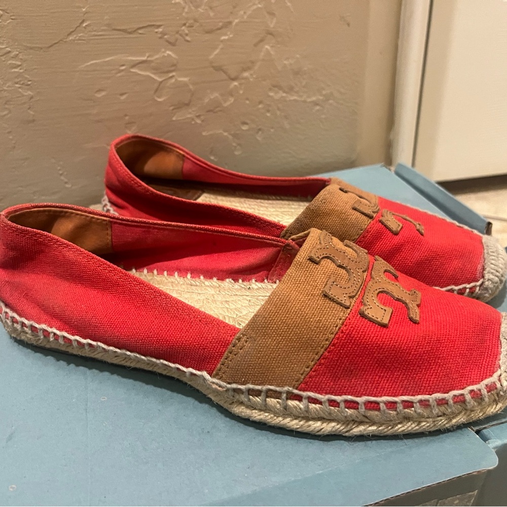 Tory Burch Vibrant Red and Tan Espadrilles